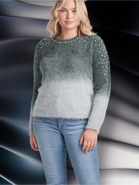Cozy Pearl Trim Sweater - Grey Ombre Size Medium Venus